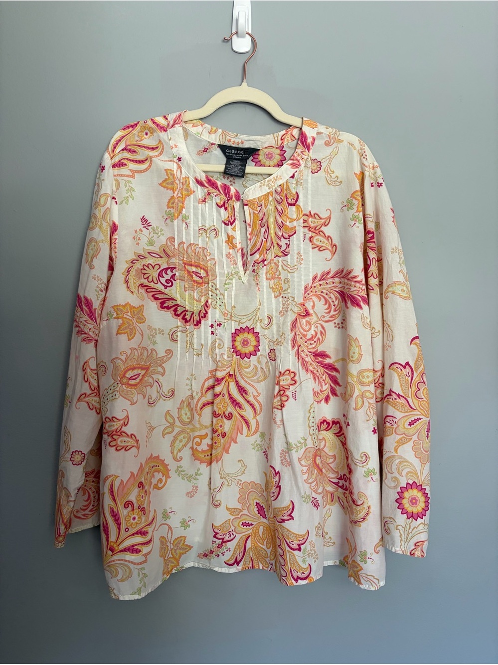 Vintage Cotton Silk Paisley Top Women’s Size 3X Orange Cream Pleated Pintucked